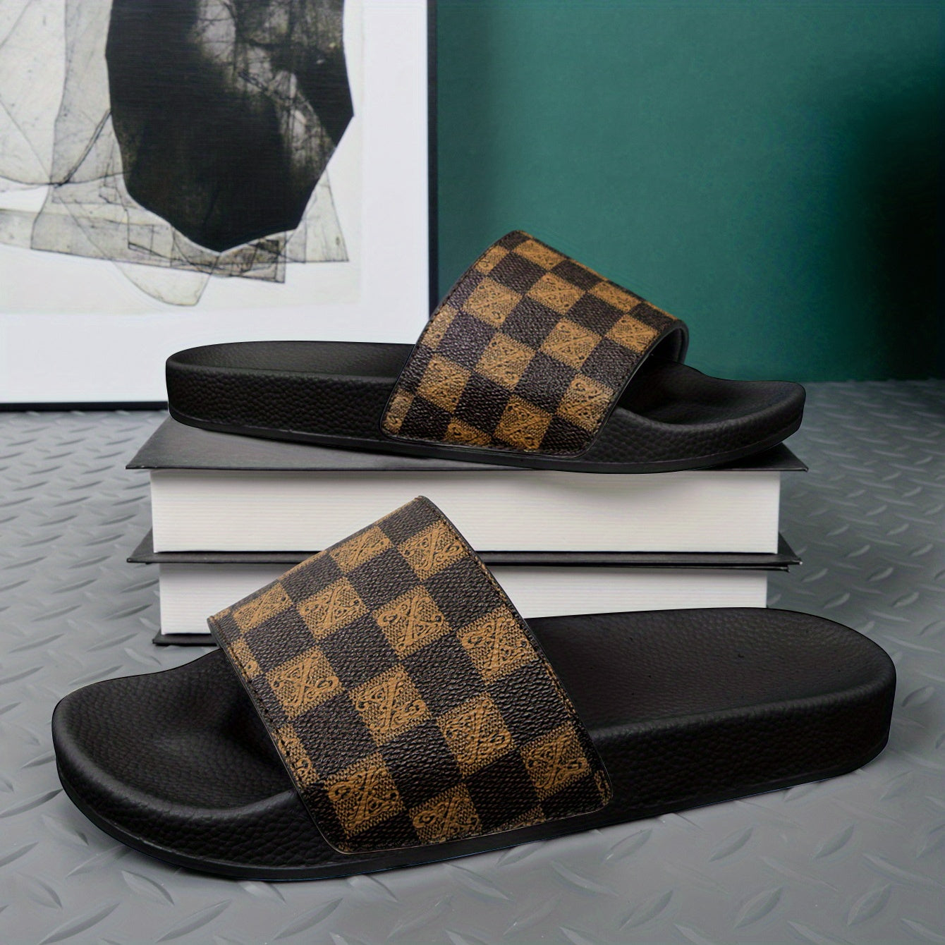 Men's Checkered Slides Non Slip Slippers Open Toe Shoes