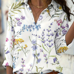 Women's Plus Floral Print Button Up Long Sleeve Blouse