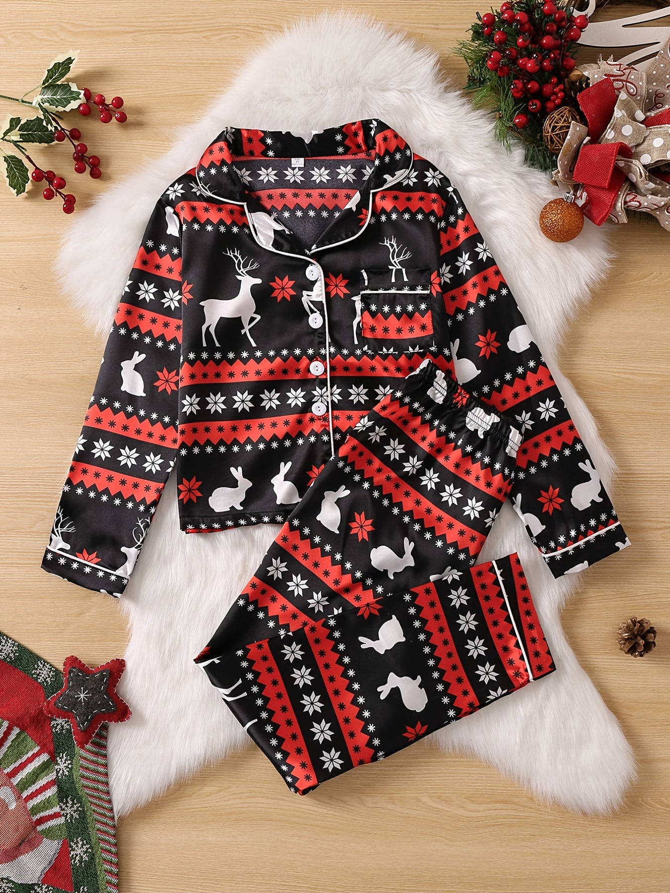 Kids Satin Lounge Wear Homewear Top & Pants Set Pajamas Set With Elk Pattern