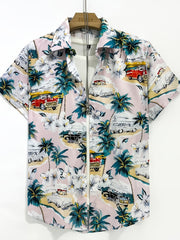Coconut Tree & Vintage Car Print Men's Short Sleeve Shirt