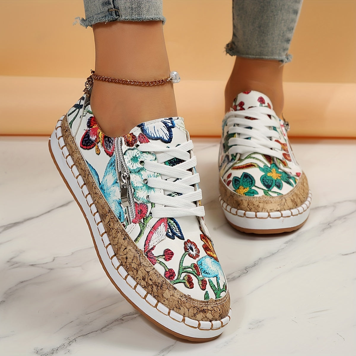Floral Print Slip On Sneakers for Women Zipper Detail Outdoor Shoes