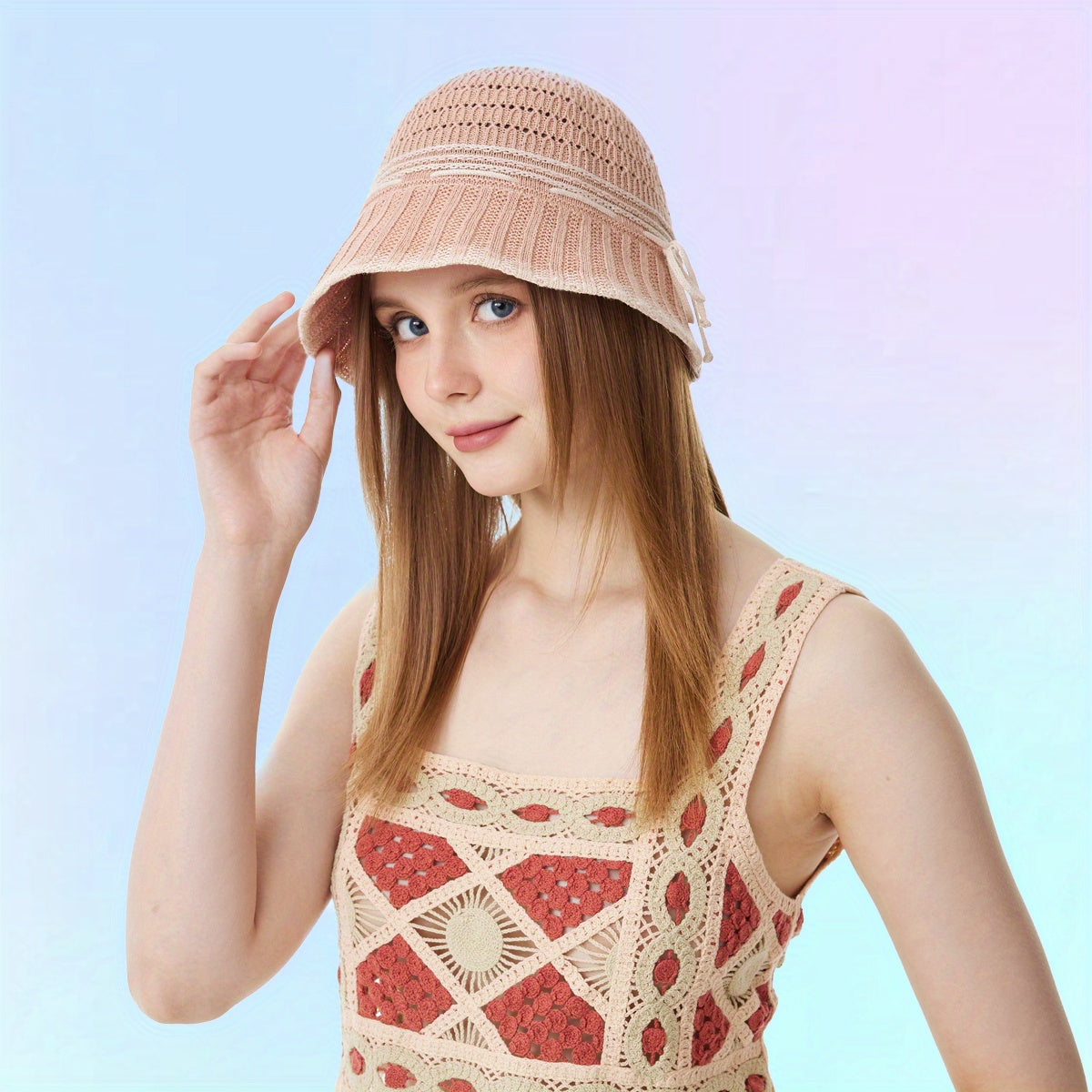 Hollow Out Bucket Hat Knitted Bowknot Decor Casual Thin Breathable Beach Hat