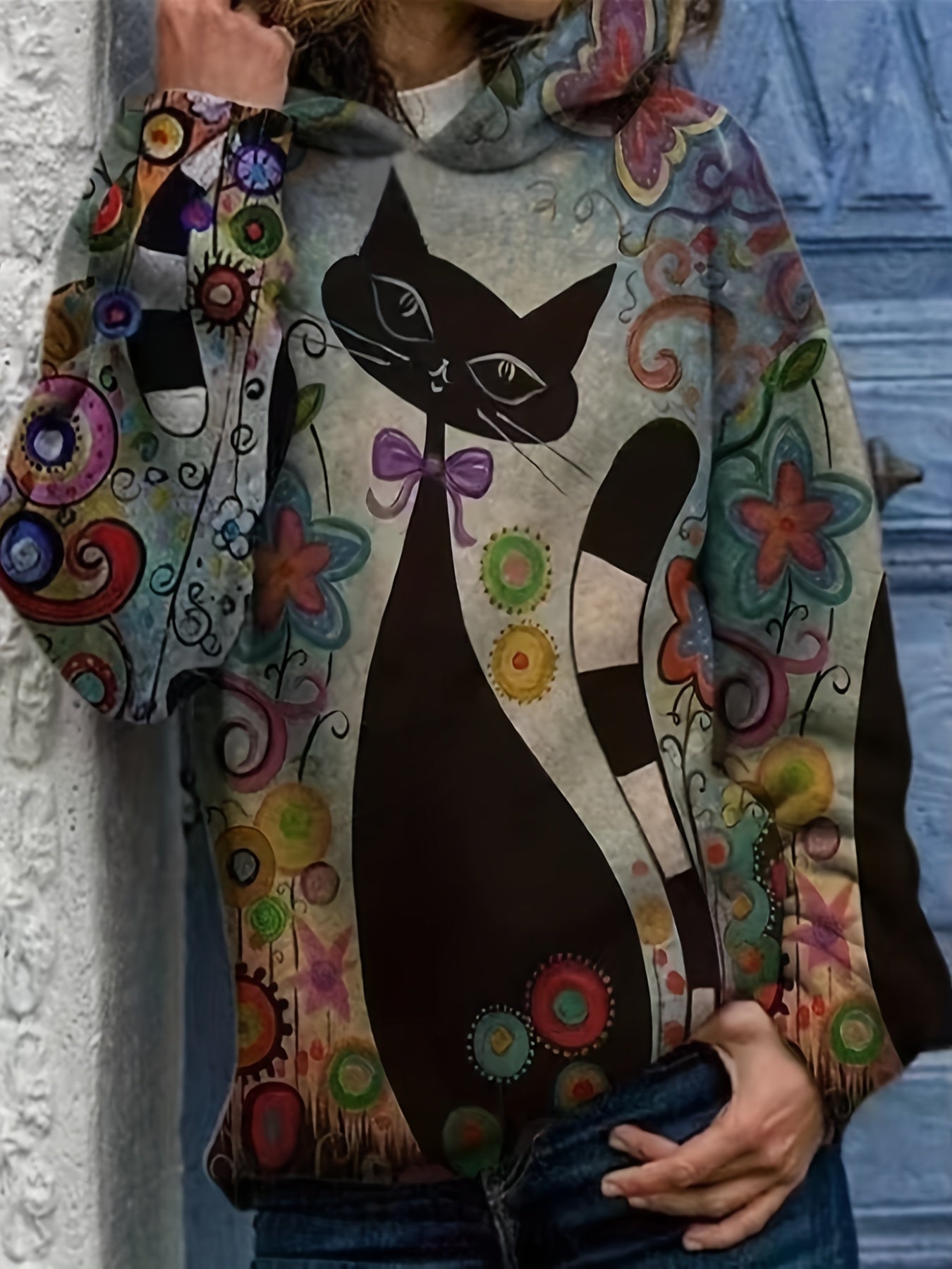Cat Print Hoodie Long Sleeve Sweatshirt for Spring & Fall