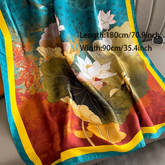 Lotus Print Silk Scarf Large Shawl Women Sunscreen Turban Wrap