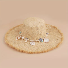 Frayed Brim Sun Hat with Shell Chain Decor - Summer Straw Hat