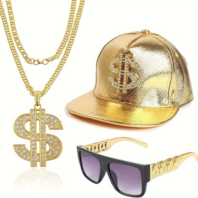 3pcs Hip Hop Costume Set Rapper Hat Sunglasses Dollar Sign Pendant Necklaces
