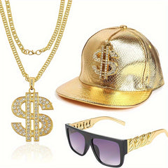 3pcs Hip Hop Costume Set Rapper Hat Sunglasses Dollar Sign Pendant Necklaces