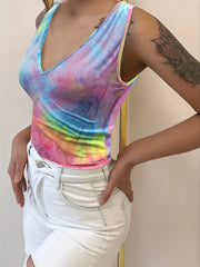 Tie Dye Print Tank Top V Neck Summer Sleeveless Women's Clothing