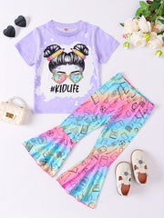 2pcs Toddler Girls Graphic T Shirt & Striped Star Pants Set