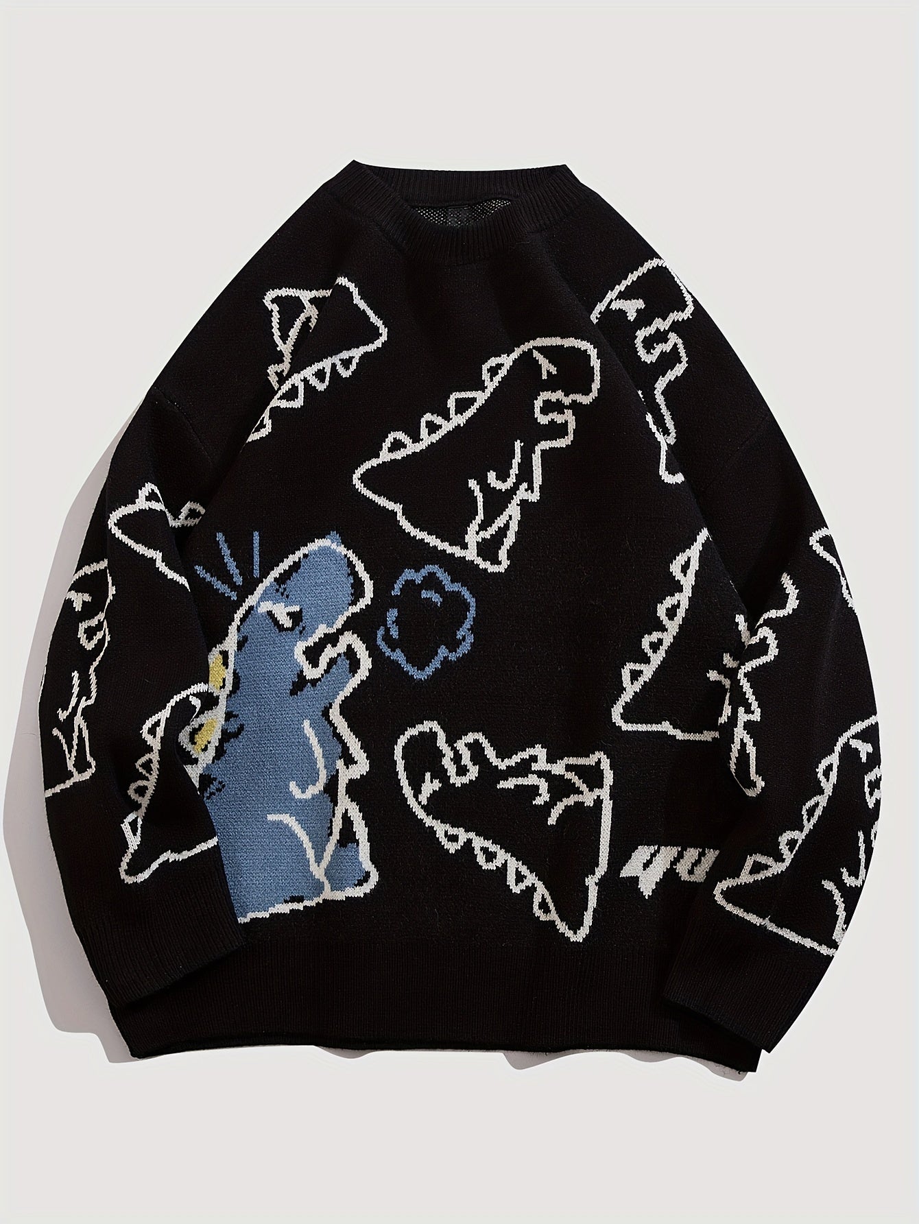 Dinosaur Pattern Knitted Sweater Men's Casual Warm Round Neck Pullover