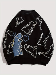 Dinosaur Pattern Knitted Sweater Men's Casual Warm Round Neck Pullover