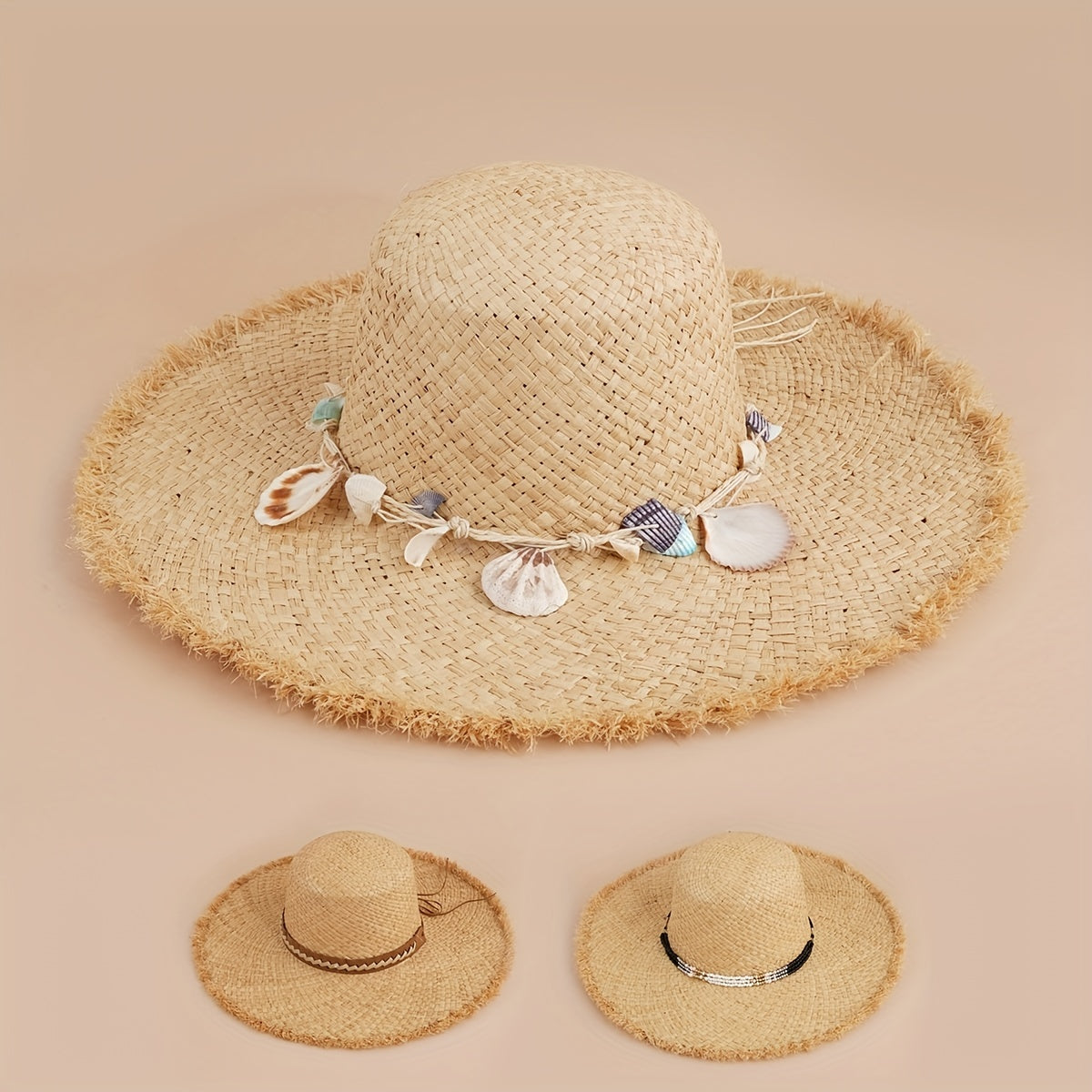 Frayed Brim Sun Hat with Shell Chain Decor - Summer Straw Hat