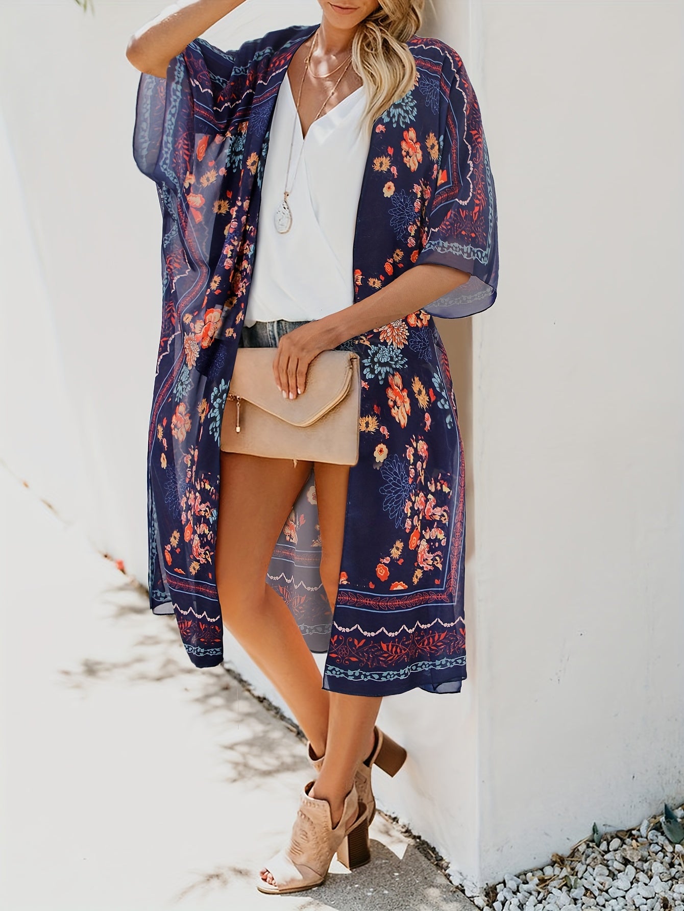 Floral Print Batwing Sleeve Cover Up