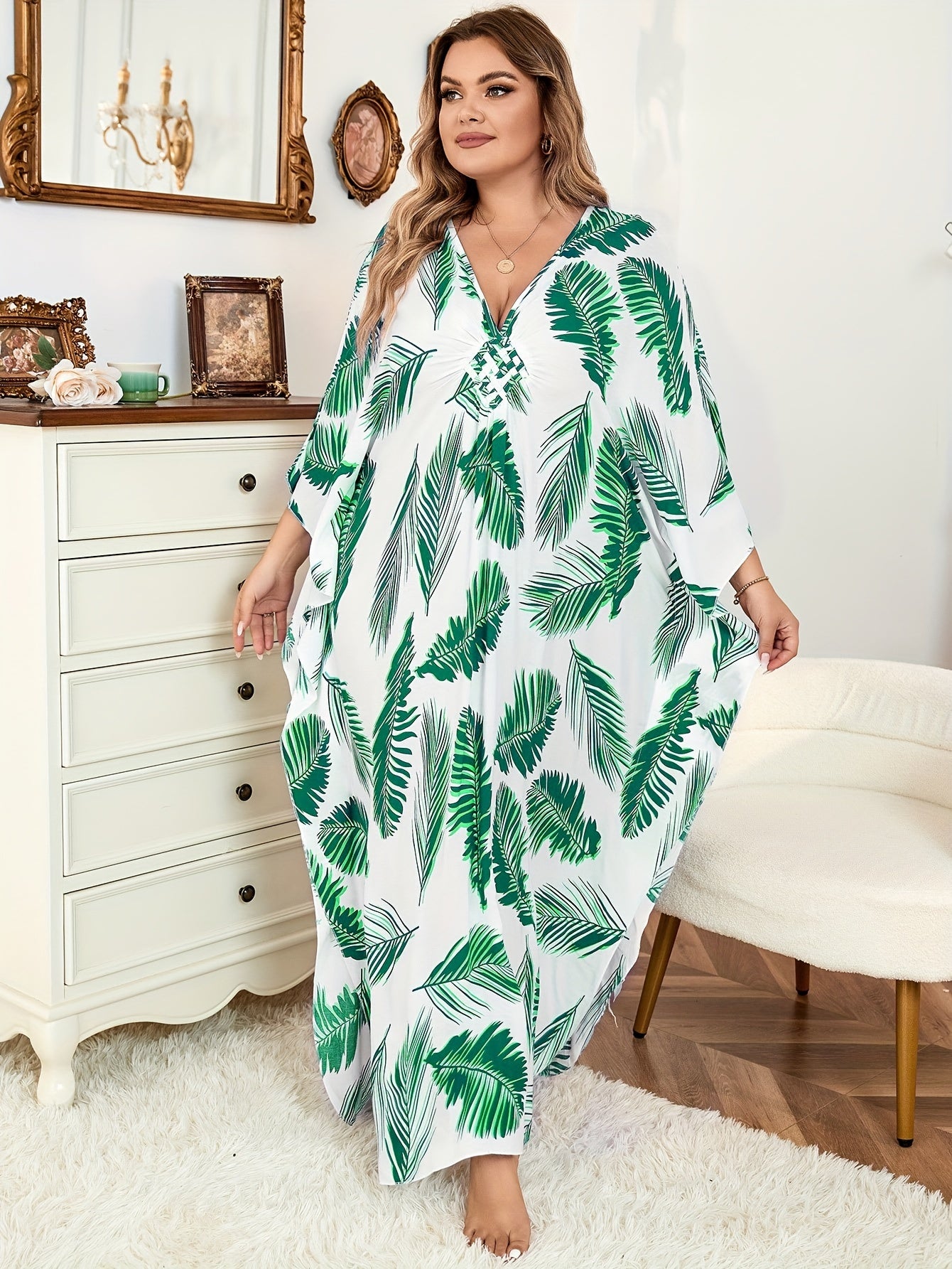 Boho Dress Women's Plus Tropical Print Batwing Sleeve V Neck