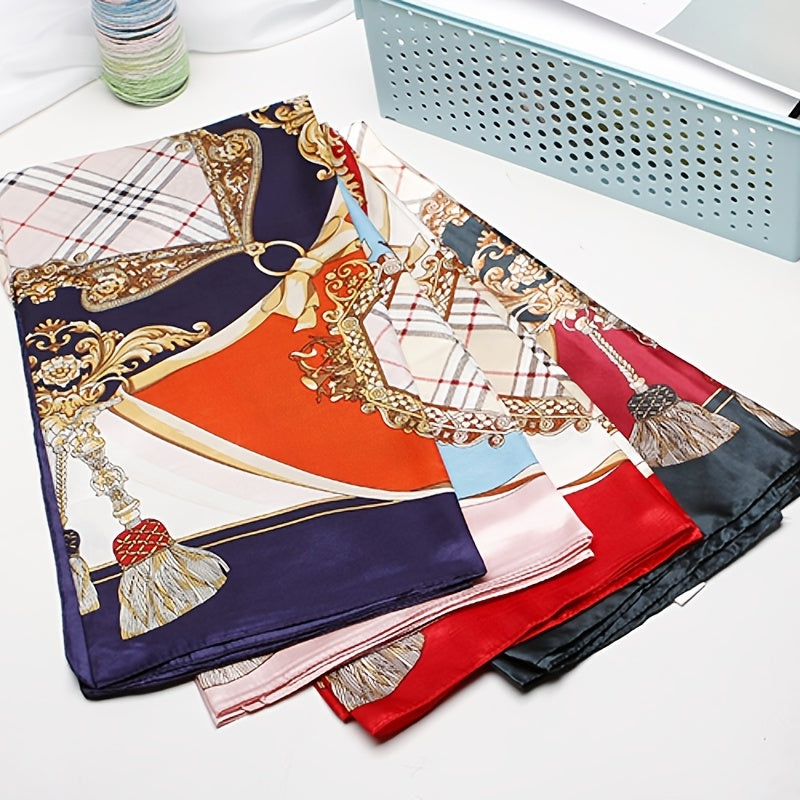 Vintage Silk Square Scarf Horse Group Edge Large Shawl Women Headwrap