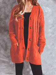 Solid Cable Button Long Sleeve V Neck Knit Cardigan
