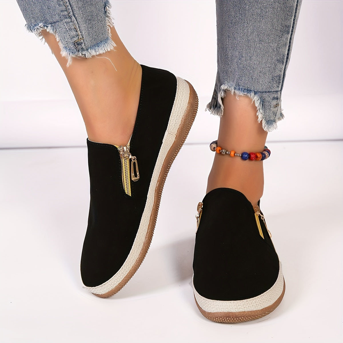 Women's Zipper Detail Canvas Shoes Espadrille Sole Slip On Flat Shoes