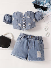 Girls Off Shoulder Denim Top & Ripped Shorts Set