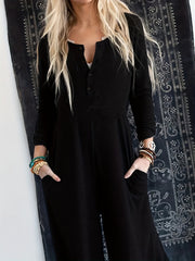 Button Up Long Sleeve Round Neck Wide Leg Jumpsuit
