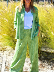 Women's Plus Allover Print Long Sleeve Button Up Shirt & Pants Outfit
