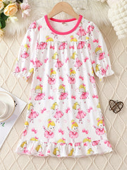 Girl's Dancing Girl Print Pajama Nightdress Round Neck Long Sleeve Dress
