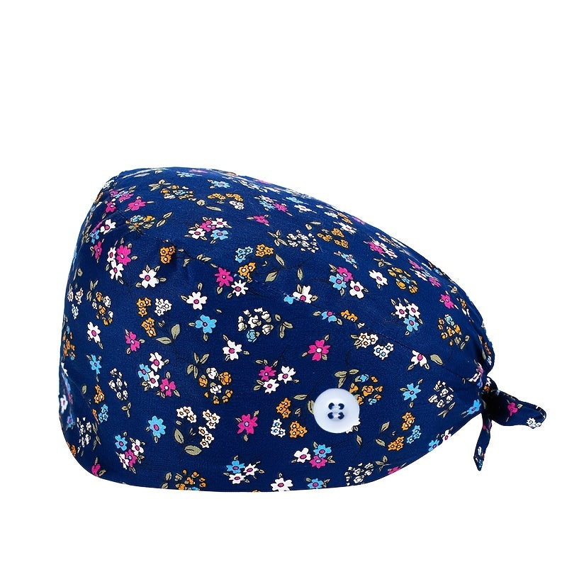 Floral Cartoon Print Work Cap Vintage Scrub Cap Adjustable Lace Up Hat