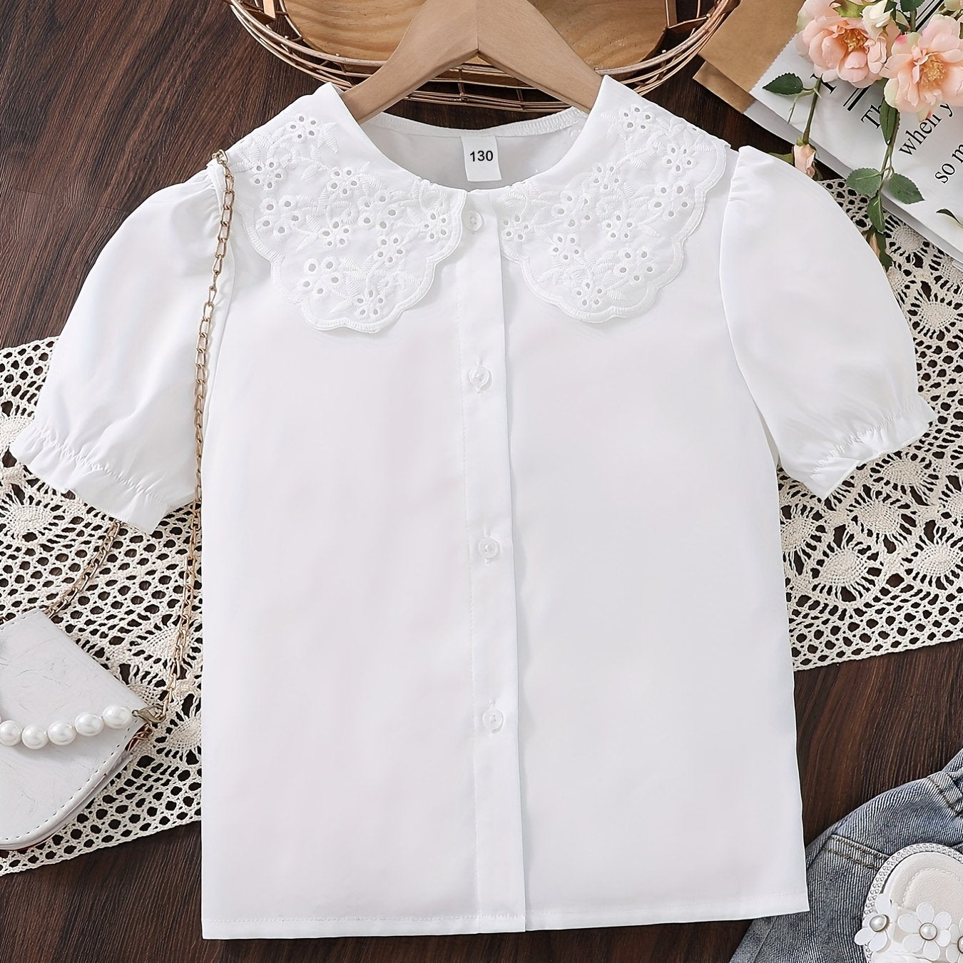 Toddler Girls Shirt Puff Sleeve Doll Collar Button Down Short Sleeve Blouse