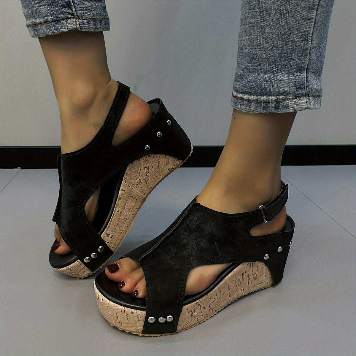Women's Platform Wedge Sandals Cutout Peep Toe Hook & Loop Slingback