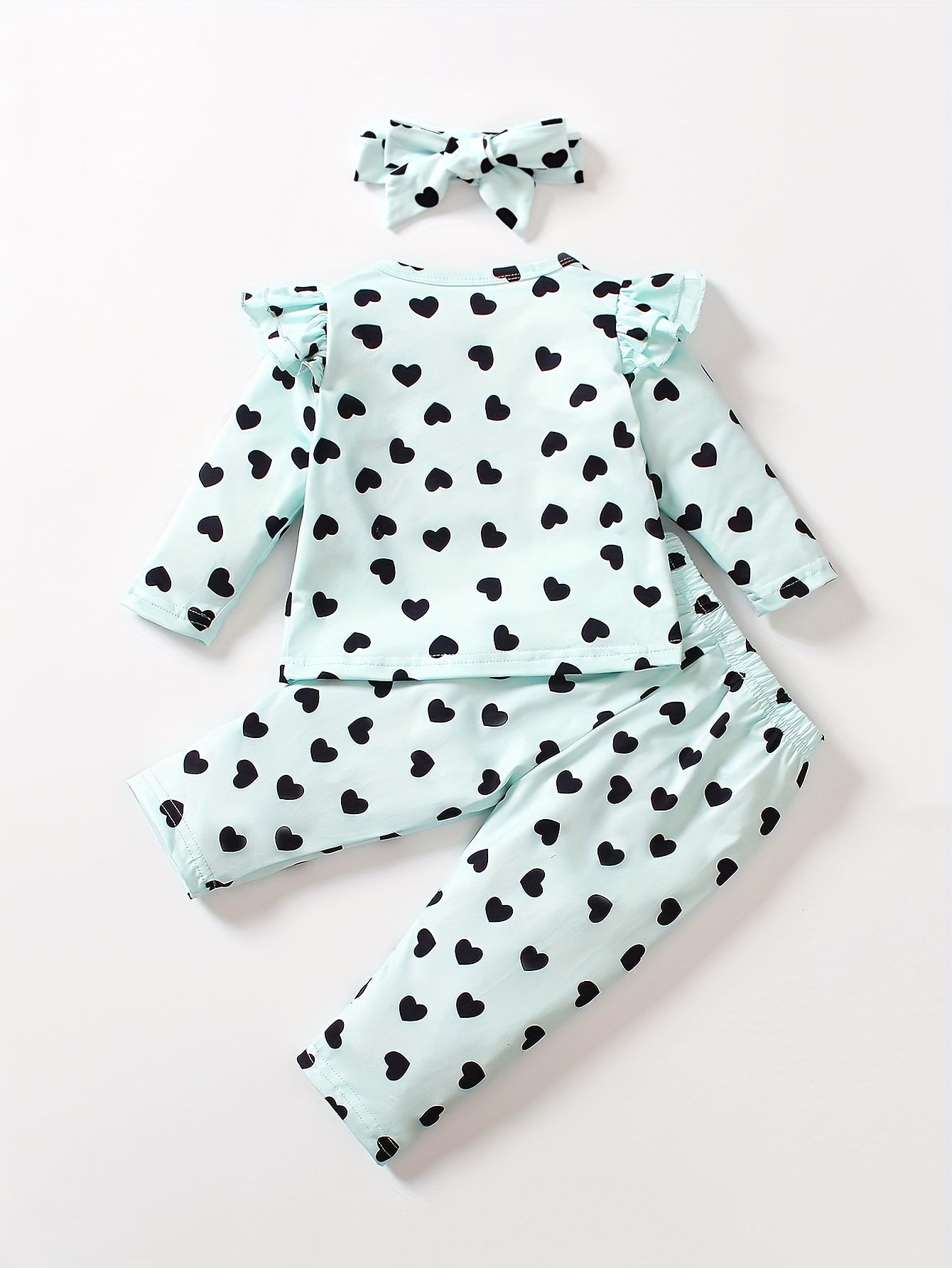 Toddler Girls Heart Print Outfit Ruffle Sleeve T shirt & Trousers & Headband