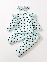 Toddler Girls Heart Print Outfit Ruffle Sleeve T shirt & Trousers & Headband