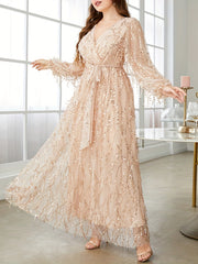 Sequin Fringe Lantern Sleeve Maxi Dress