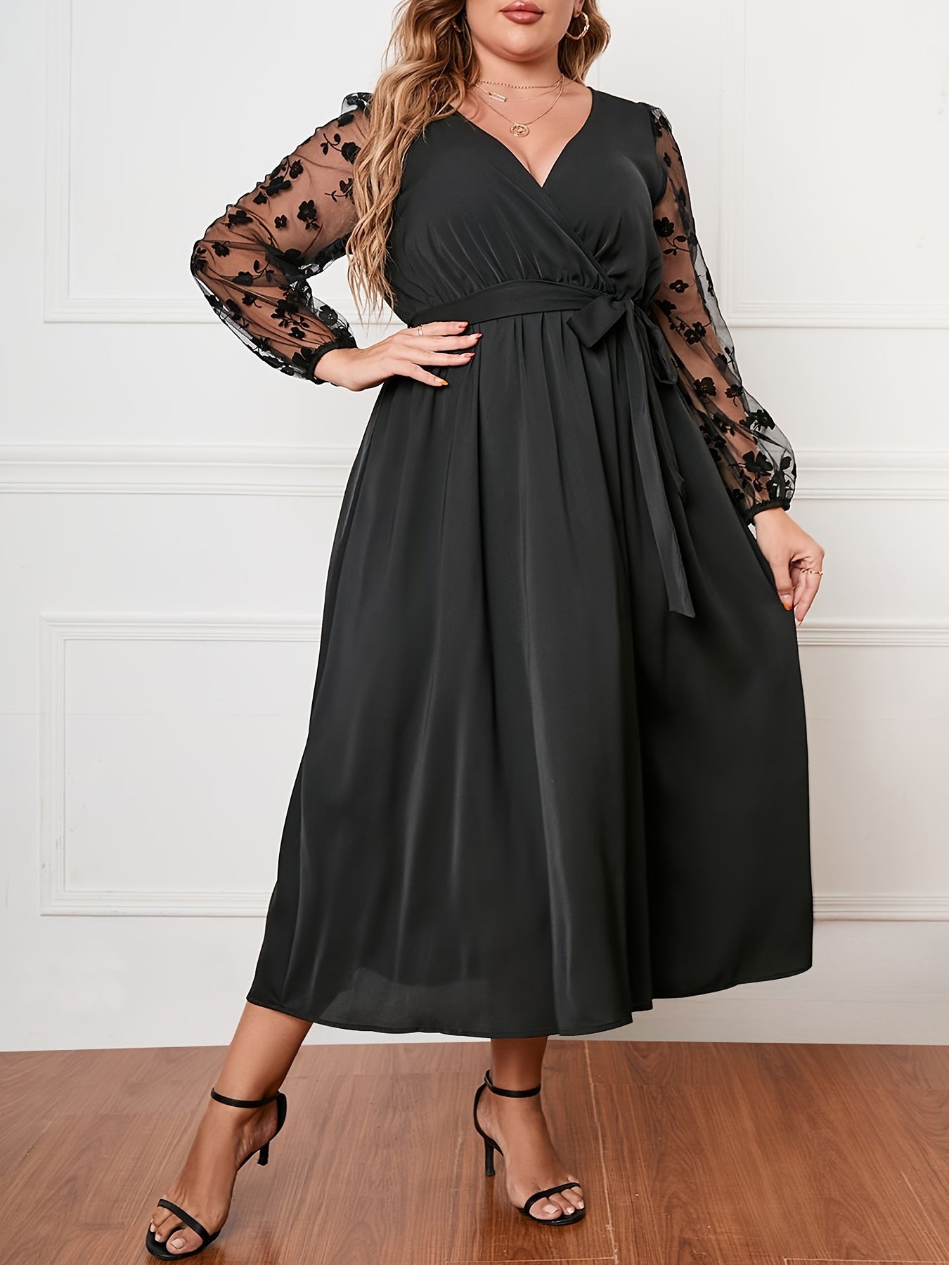 Mesh Lantern Sleeve Maxi Dress With Belt