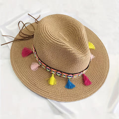 Boho Tassel Decor Sun Hat Khaki Wide Brim Beach Straw Hat