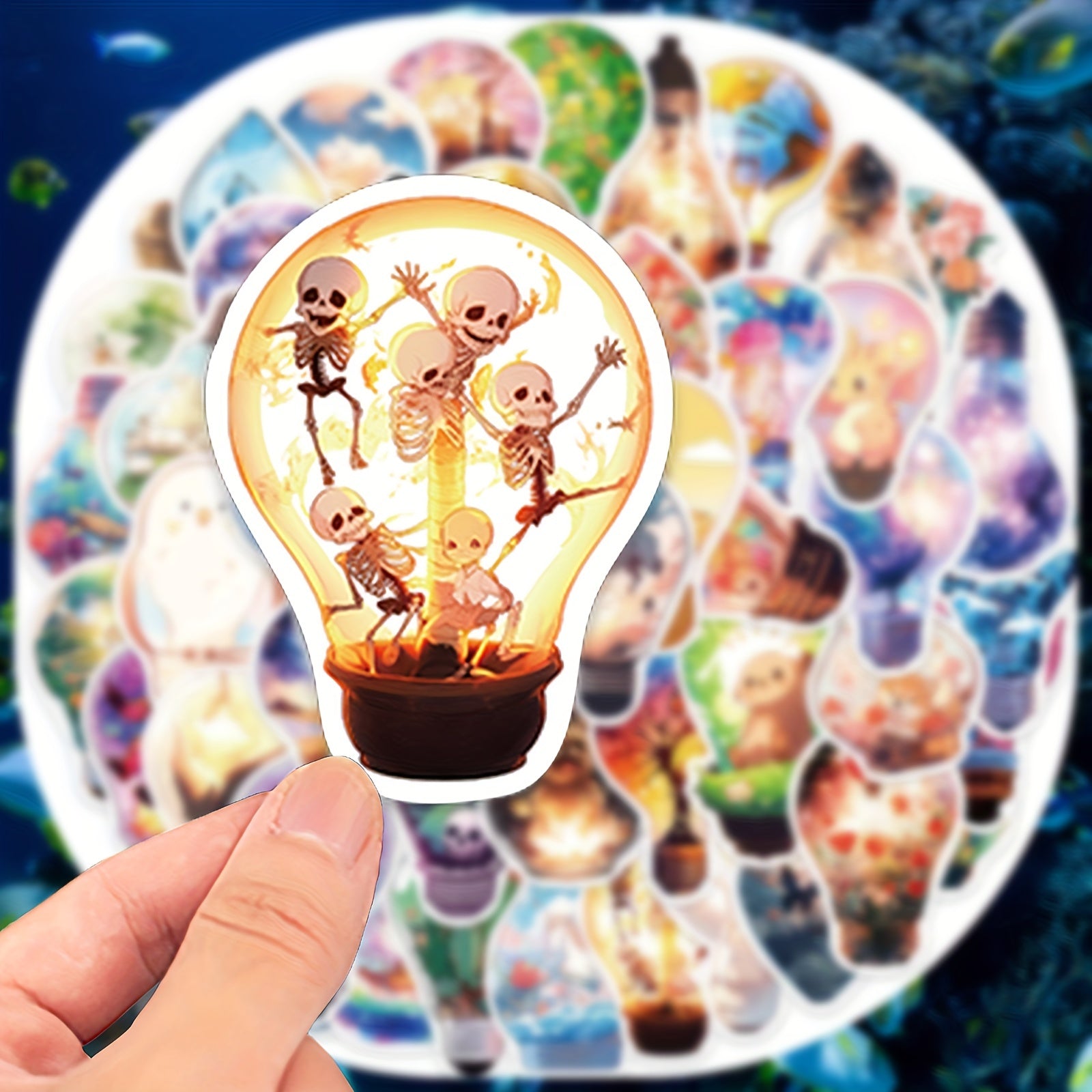 50pcs Light Bulb World Stickers Waterproof DIY Water Bottles Laptops Phones