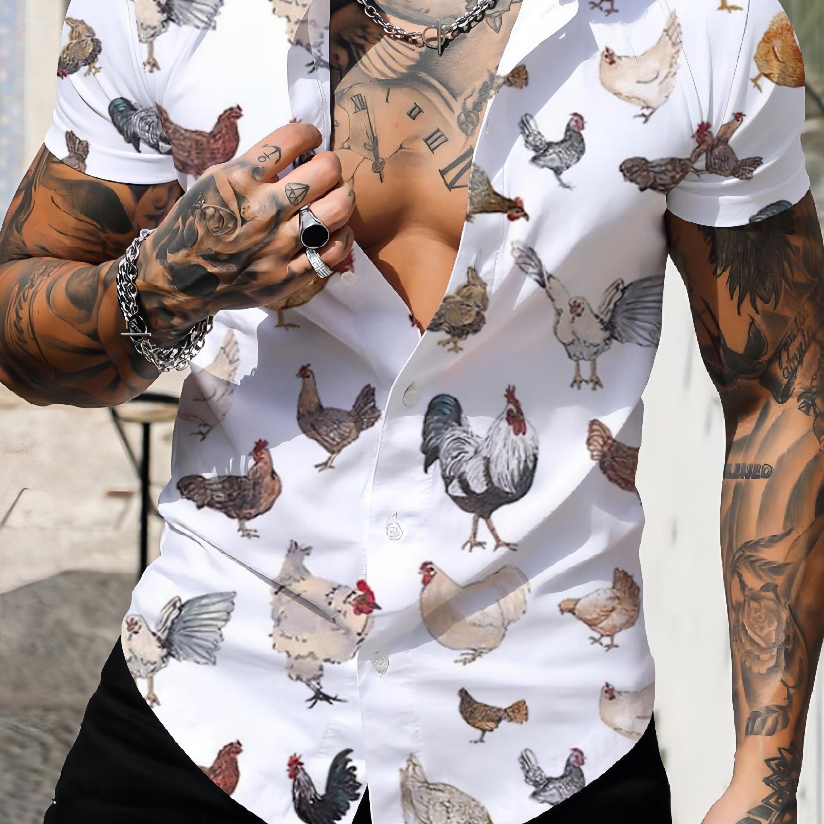 Rooster Pattern Men's Short Sleeve Shirt For Summer