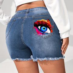 Eye Print Ripped Denim Shorts with Fringe Trim
