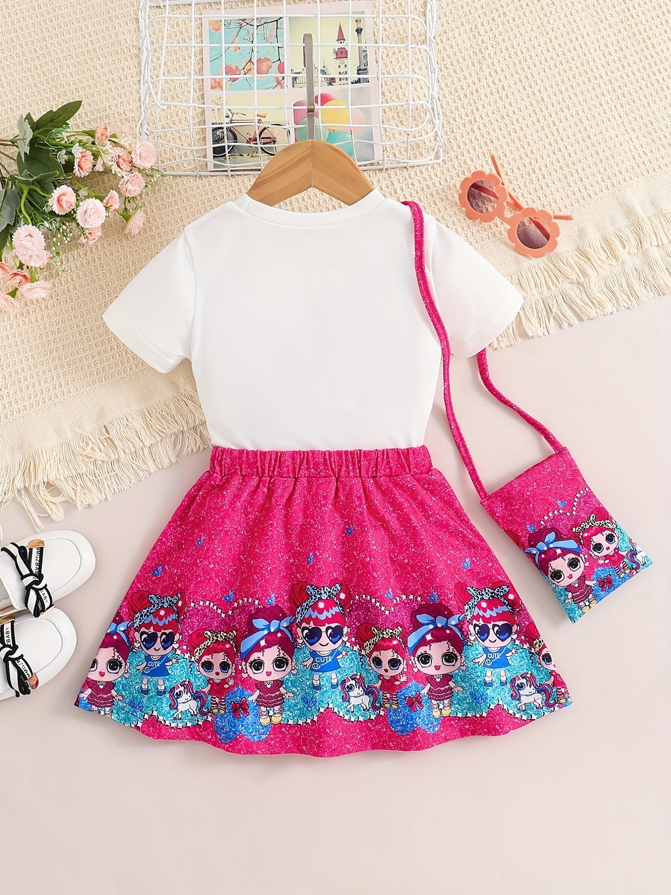 Girl Pattern Outfit 3pcs T-shirt & Bag & Skirt Set for Spring Autumn
