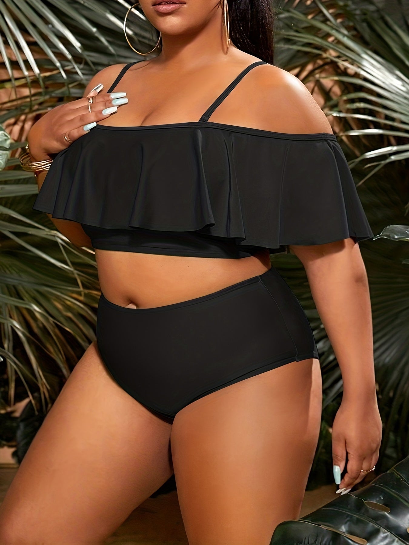 Solid Ruffle Trim Layered Crop Top Two Piece Swimsuit Set