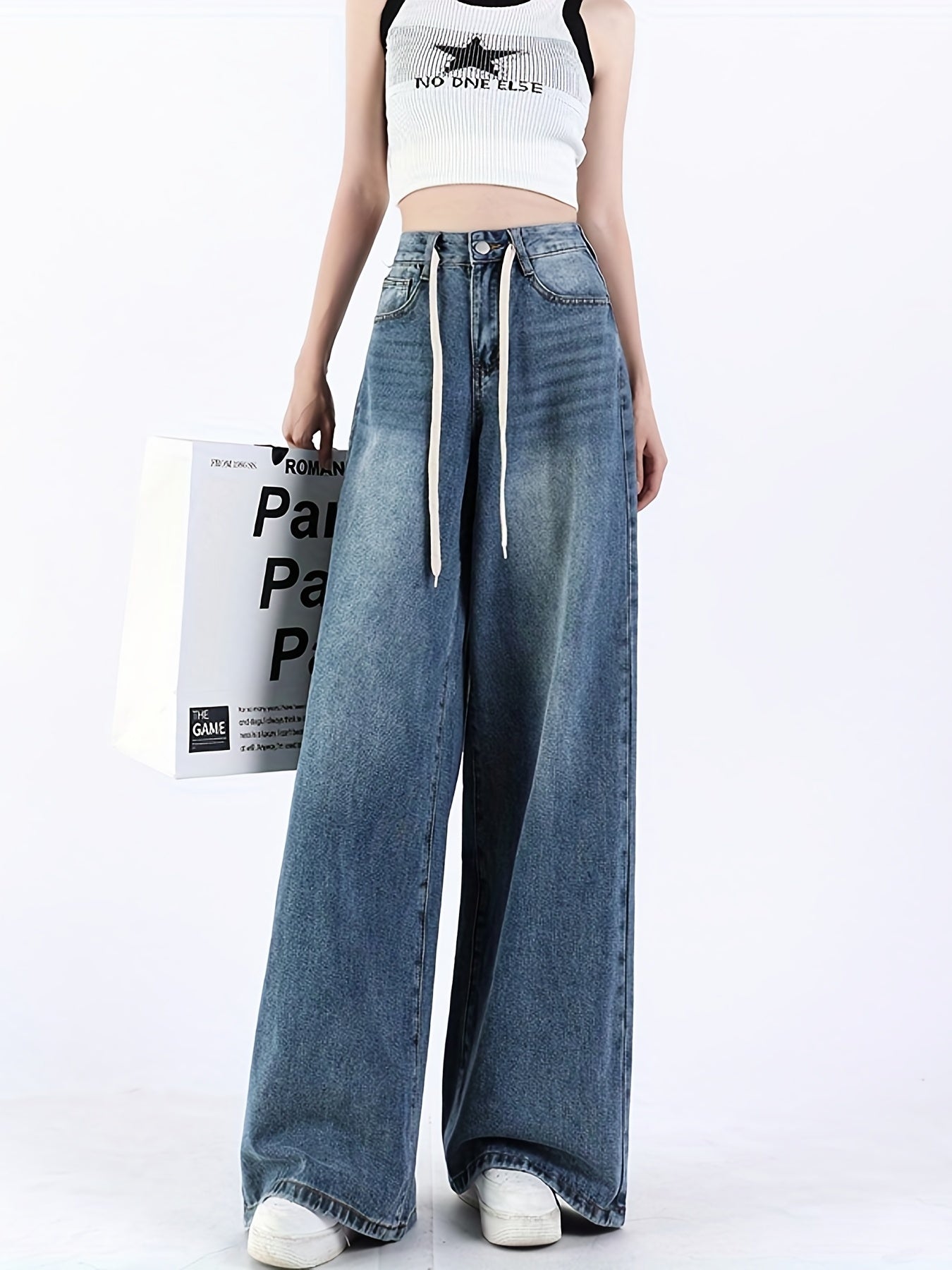 Wide Leg Straight Jeans Non Stretch Slash Pockets
