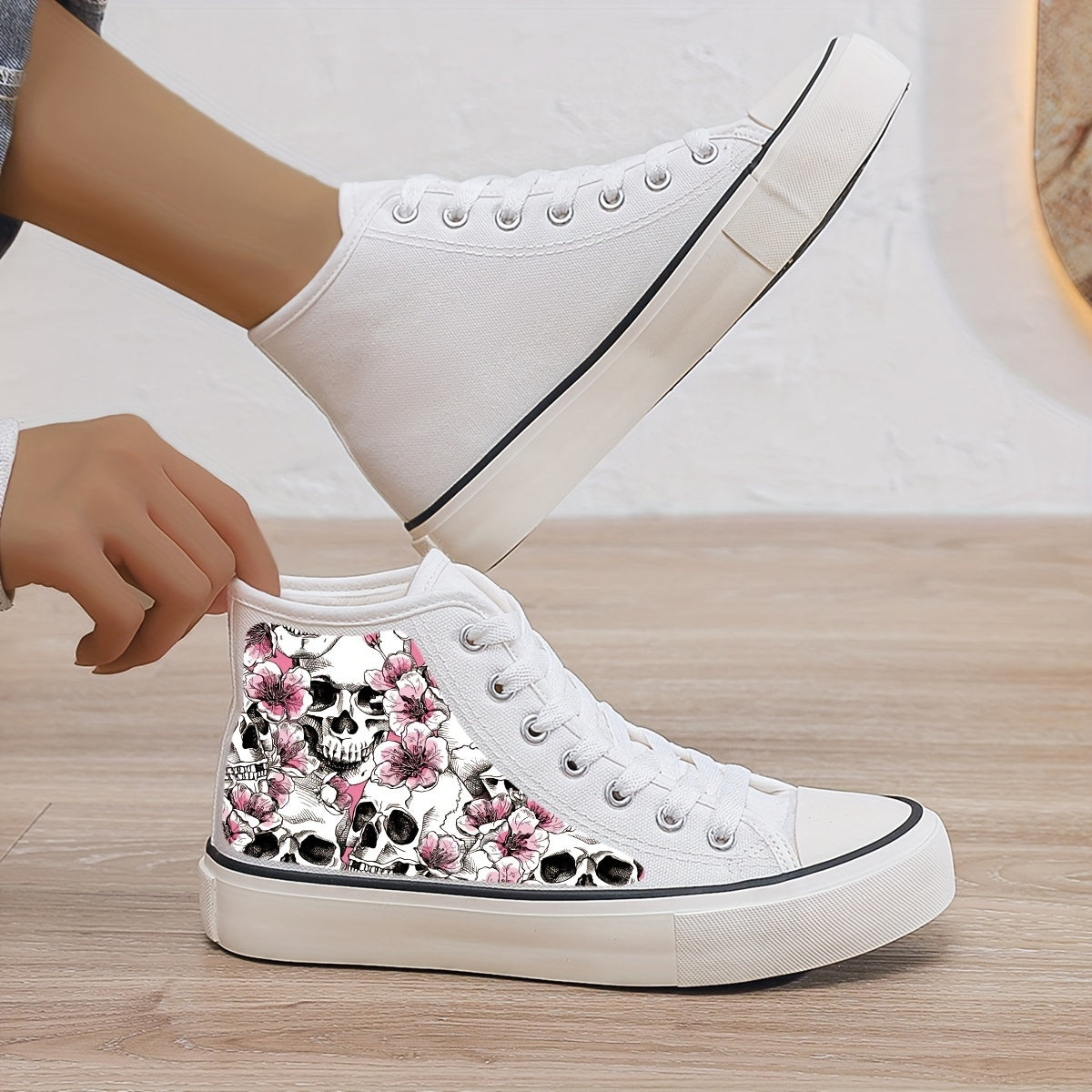 Skull & Flower Plush Lined Thermal Canvas Sneakers