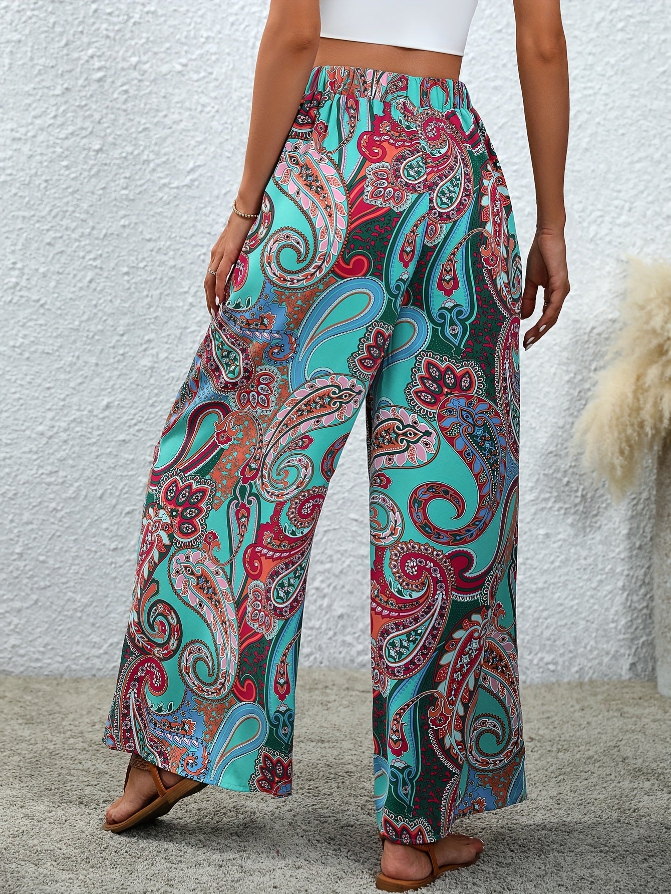 Paisley Print Wide Leg Pants Elastic Waist Casual Pants