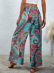 Paisley Print Wide Leg Pants Elastic Waist Casual Pants