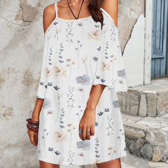 Floral Print Cold Shoulder Dress Casual Flared Sleeve Spaghetti Strap Dress