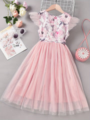 Girls Mesh Overlay Belted Princess Dress for Party Beach Vacation