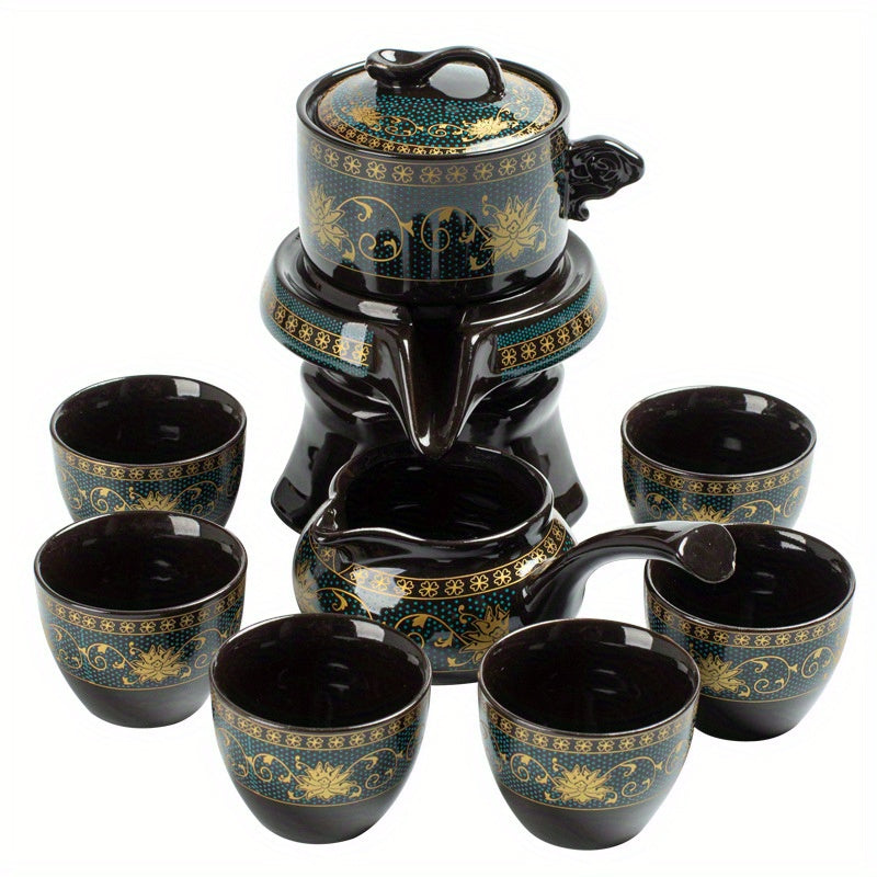 Retro Ceramic Tea Set with Stone Mill and Graphite Fortune Turn