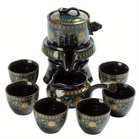 Retro Ceramic Tea Set with Stone Mill and Graphite Fortune Turn