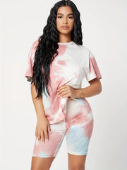 Casual Tie Dye Two-piece Set Short Sleeve Crew Neck Top & Leggings