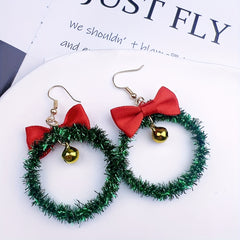 Christmas Wreath Dangle Earrings Sparkle Green Ribbon Red Bow Festive Jewelry