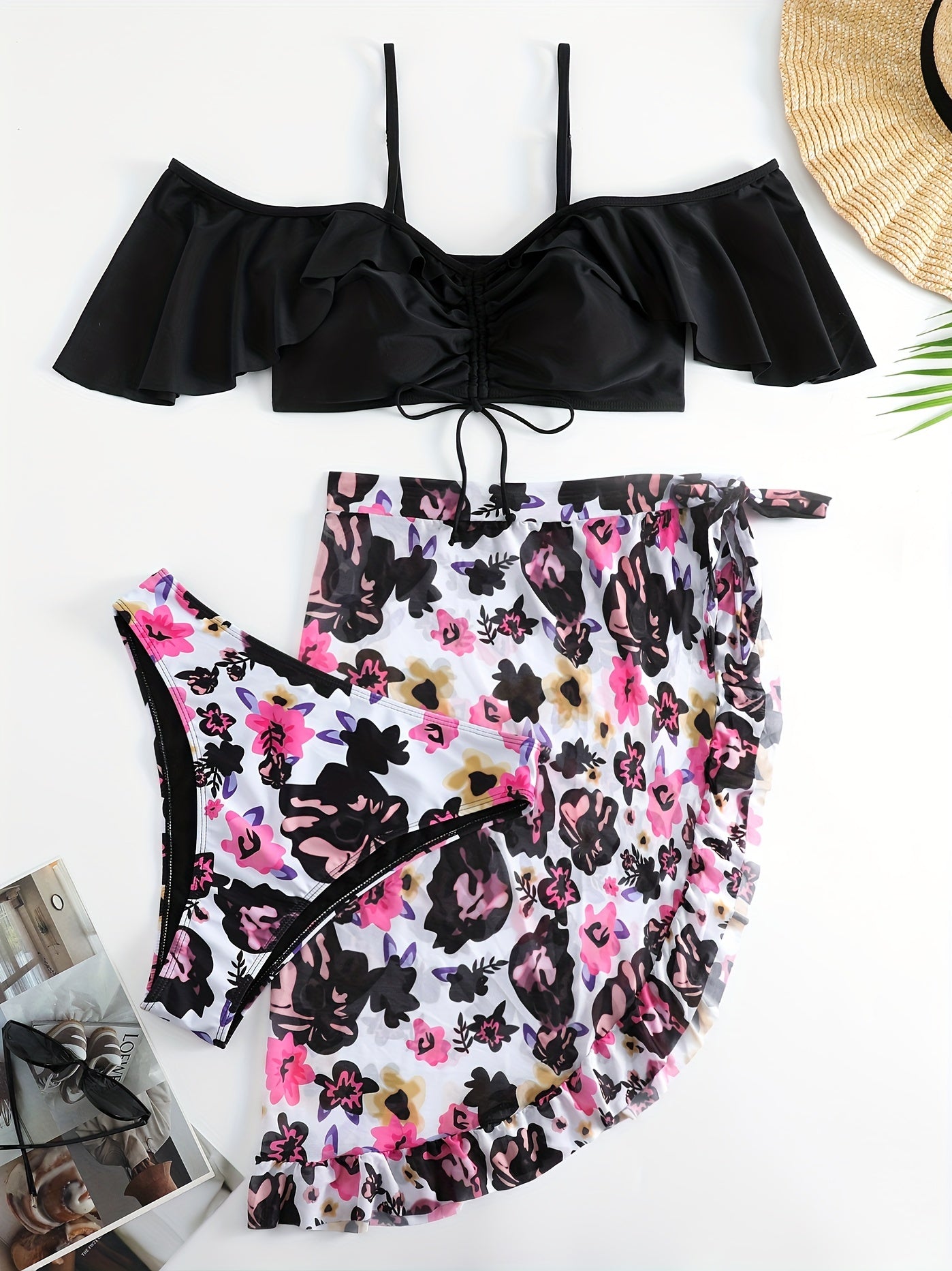 Floral Print Cold Shoulder Ruffle Trim Swimsuit Set