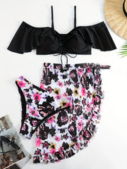 Floral Print Cold Shoulder Ruffle Trim Swimsuit Set